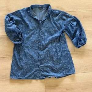 Blue Mini Dress with Puff Sleeves and V-Neck